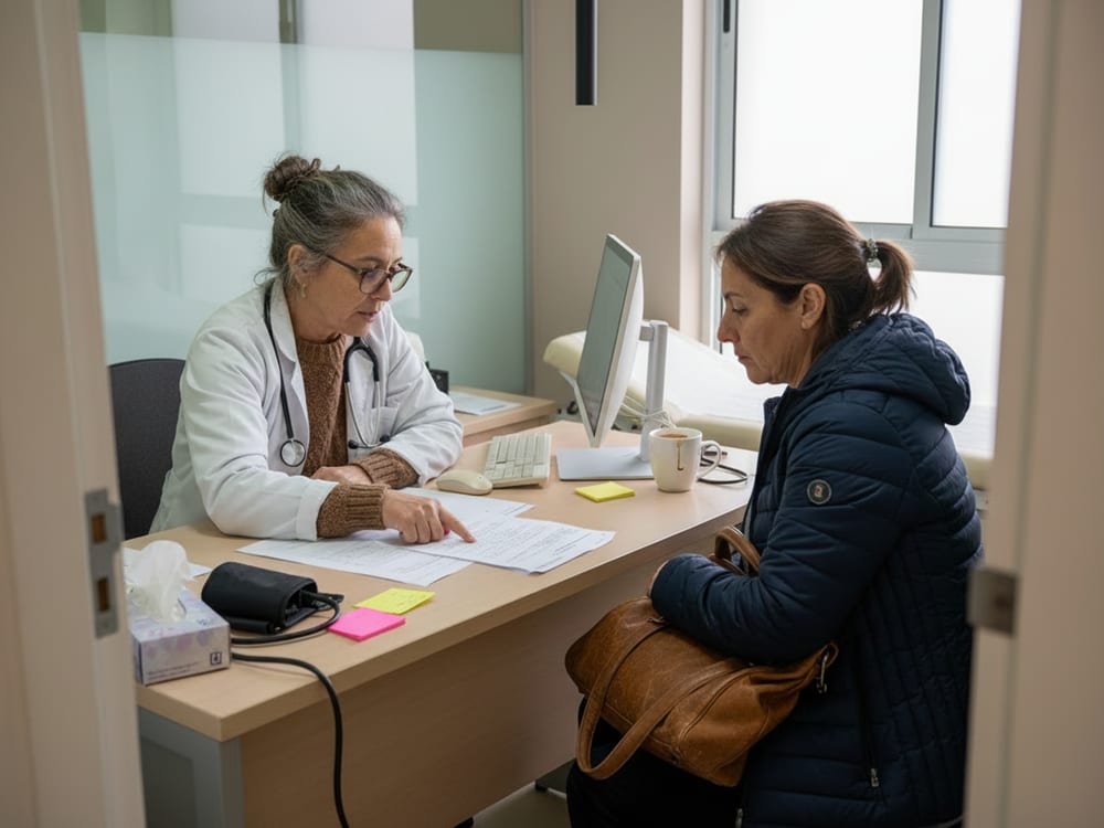 Médica revisando un análisis con una paciente en su consultorio