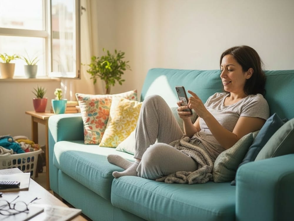 Mujer en el sillón de su casa escribiendo en el celular