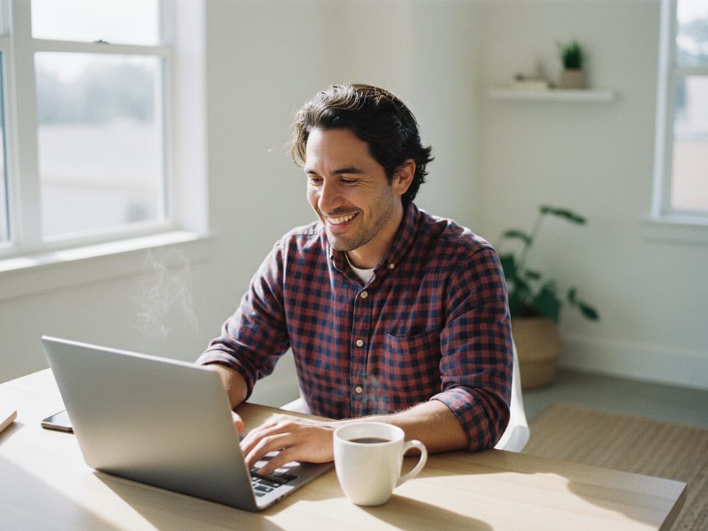 Hombre sonriendo mientras trabaja en su computadora