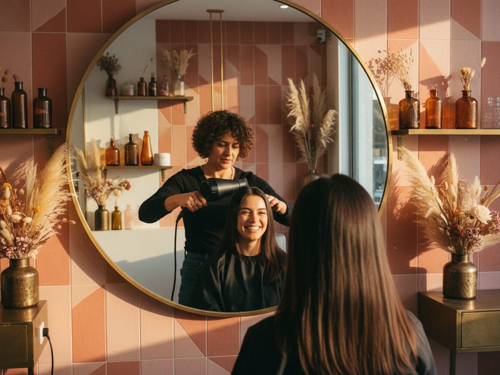 Peluquera secando el pelo de una clienta frente al espejo