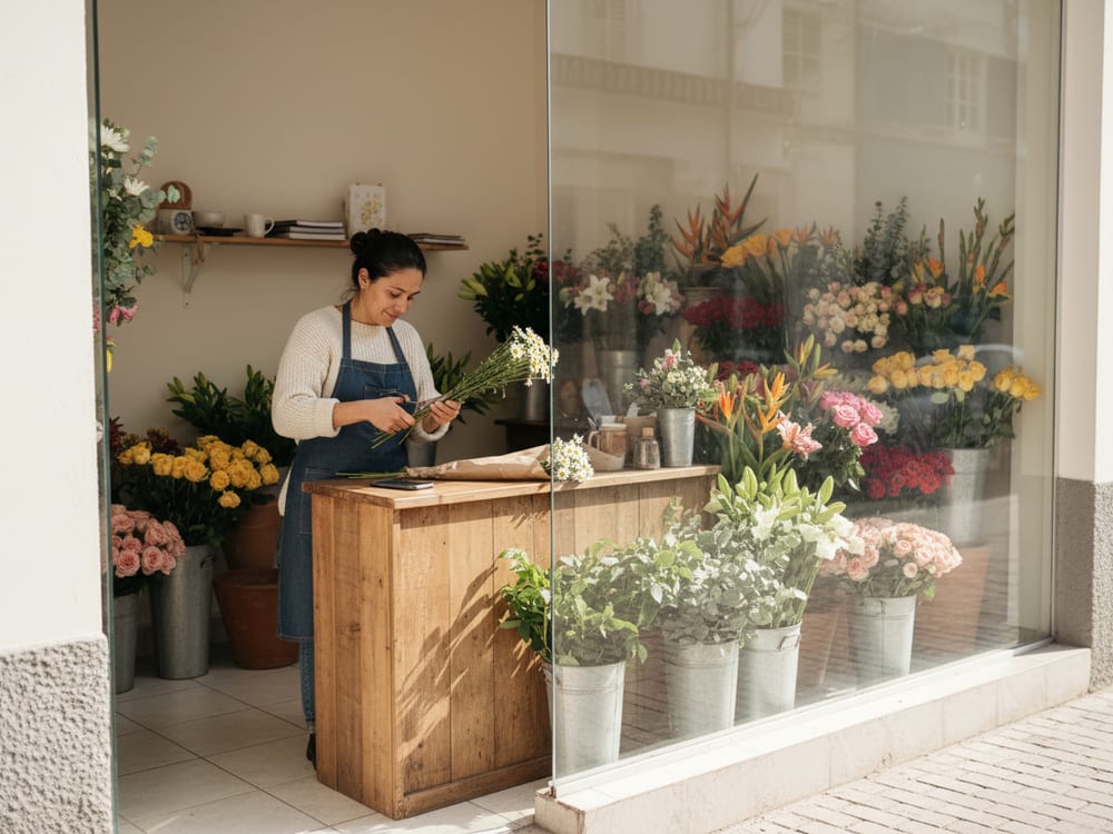 Florista armando un ramo en su local